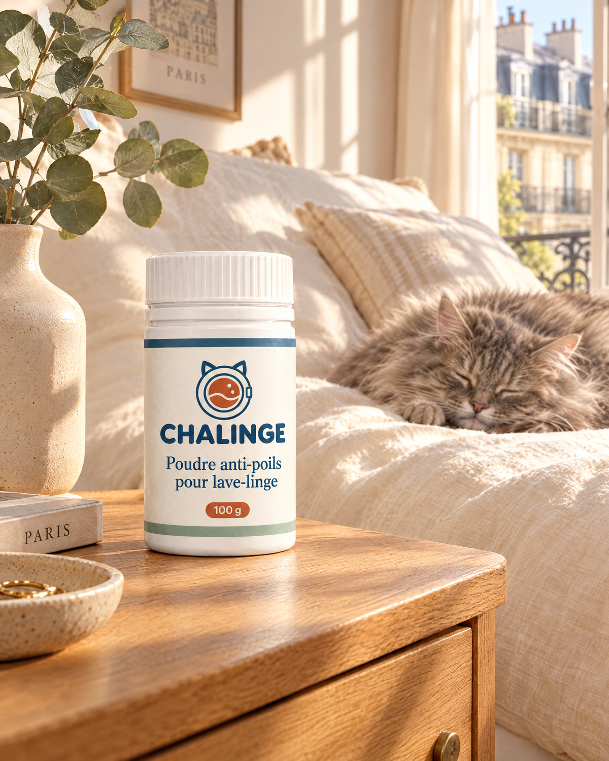 Pot Chalinge sur une table de nuit, chat endormi sur la couette