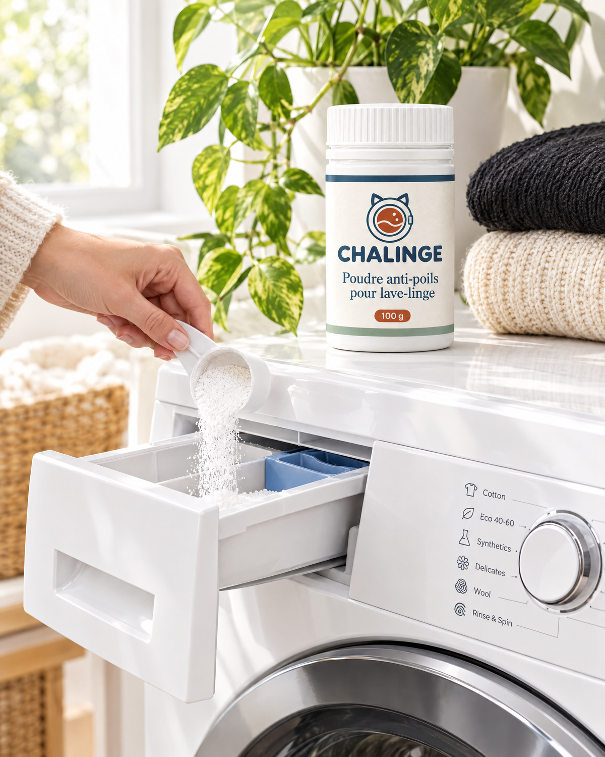 Poudre Chalinge versée dans le bac du lave-linge
