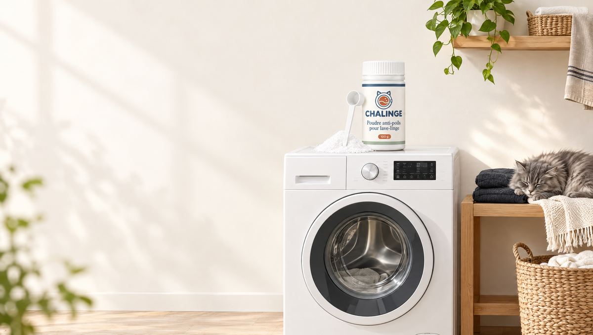 Pot Chalinge sur un lave-linge et chat endormi sur une pile de linge