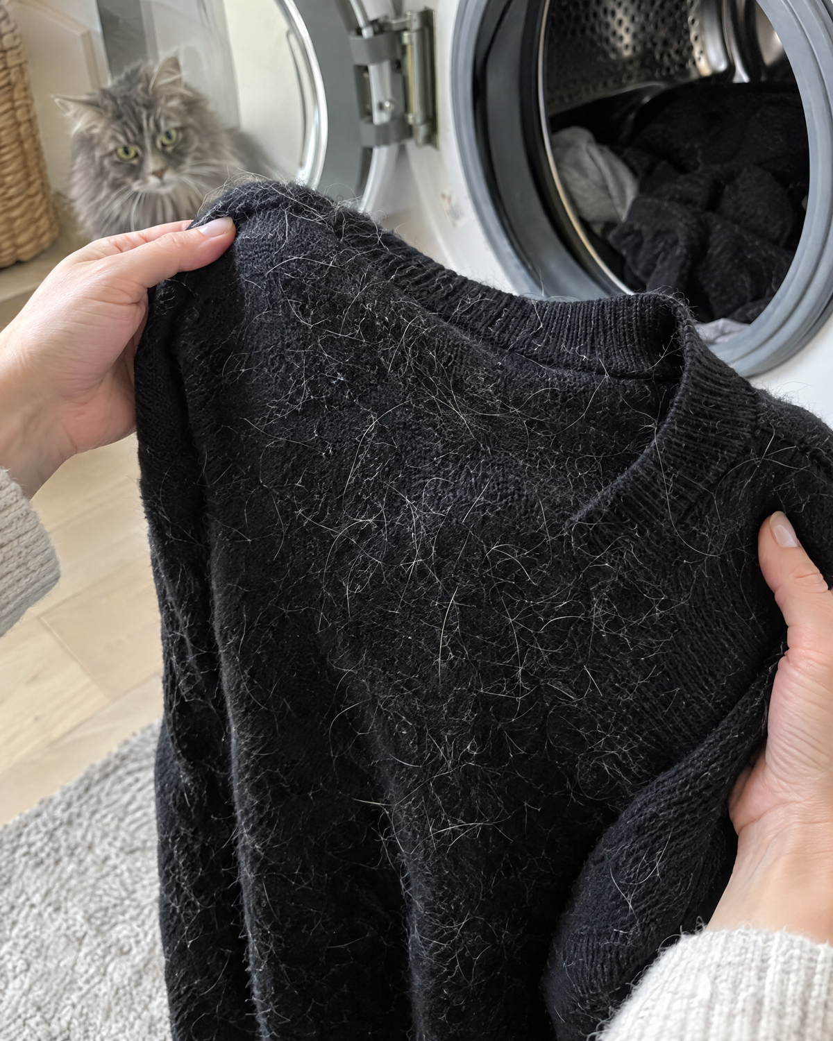 Pull noir couvert de poils de chat